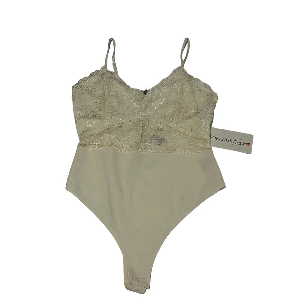Womens Large Bodysuit Large Nuetral Ivory Lace Orange Kiss